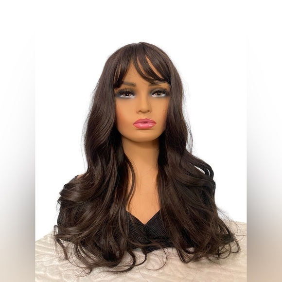 Vegan Wavy  Chocolate Brown wig with bangs 25” - Picture 2 of 7